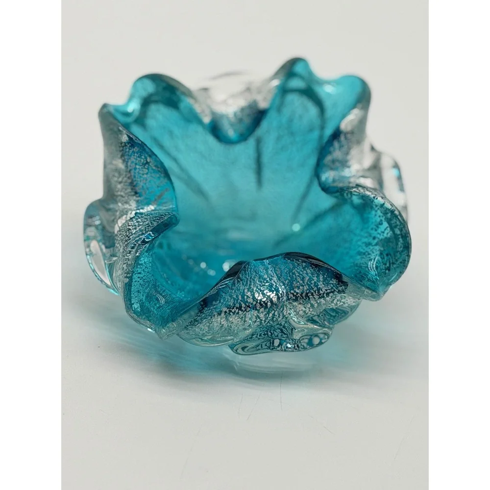 Turquoise Blue Silver Foil Murano Style Art Glass Ruffled Bowl Catchall 5.5